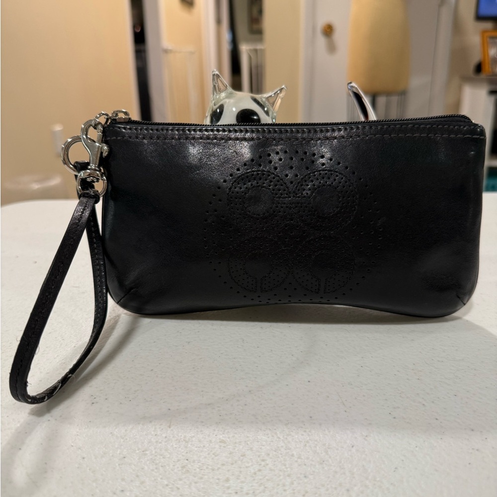 Black Perforated Patent Leather Wristlet Clutch